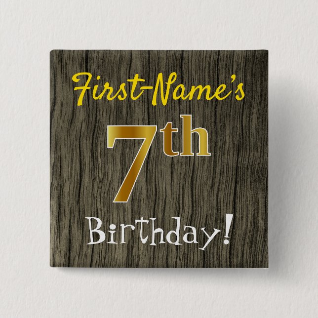 Badge Carré 5 Cm Faux Wood, Faux Gold 7e anniversaire + Nom personn (Devant)