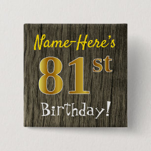 Badge Carré 5 Cm Faux Wood, Faux Gold 81e anniversaire + Nom person