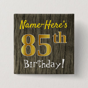 Badge Carré 5 Cm Faux Wood, Faux Gold 85e anniversaire + Nom person