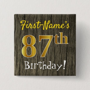 Badge Carré 5 Cm Faux Wood, Faux Gold 87e anniversaire + Nom person