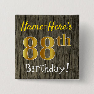 Badge Carré 5 Cm Faux Wood, Faux Gold 88e anniversaire + Nom person