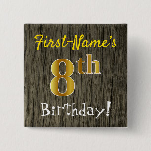 Badge Carré 5 Cm Faux Wood, Faux Gold 8e anniversaire + Nom personn