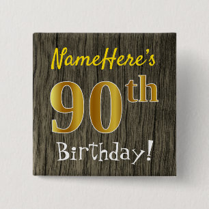 Badge Carré 5 Cm Faux Wood, Faux Gold 90th Birthday + Custom Name