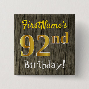 Badge Carré 5 Cm Faux Wood, Faux Gold 92e anniversaire + Nom person