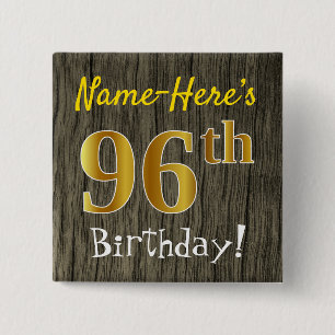 Badge Carré 5 Cm Faux Wood, Faux Gold 96e anniversaire + Nom person