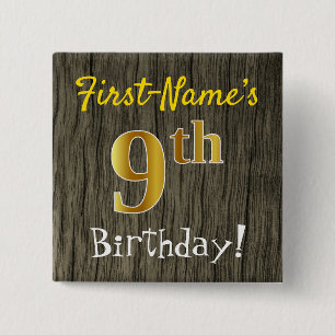 Badge Carré 5 Cm Faux Wood, Faux Gold 9e Anniversaire + Nom personn
