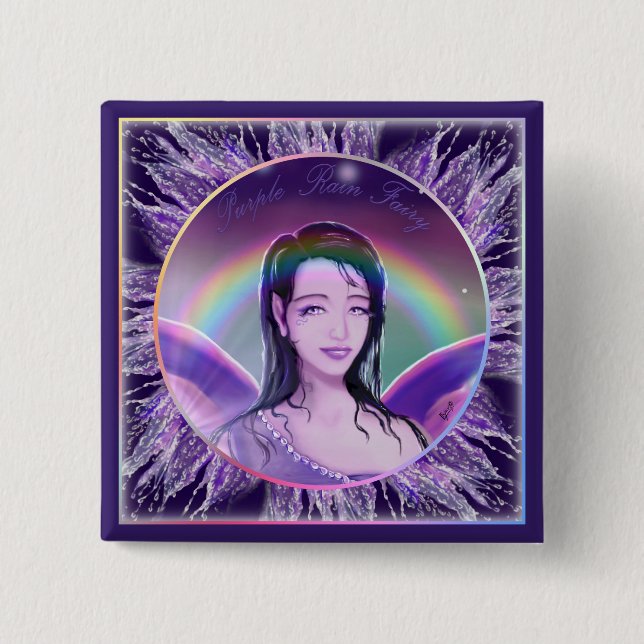 Badge Carré 5 Cm Fée Bouton de pluie violette (Devant)