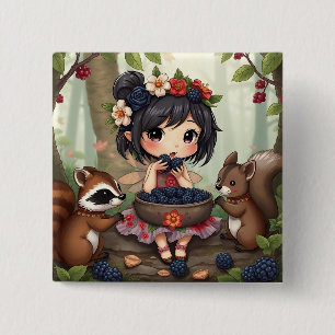 Badge Carré 5 Cm Fée Chibi mangeant des mûres avec des amis de la f