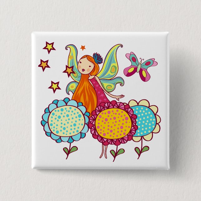 Badge Carré 5 Cm Fée de jardin avec des fleurs (Devant)