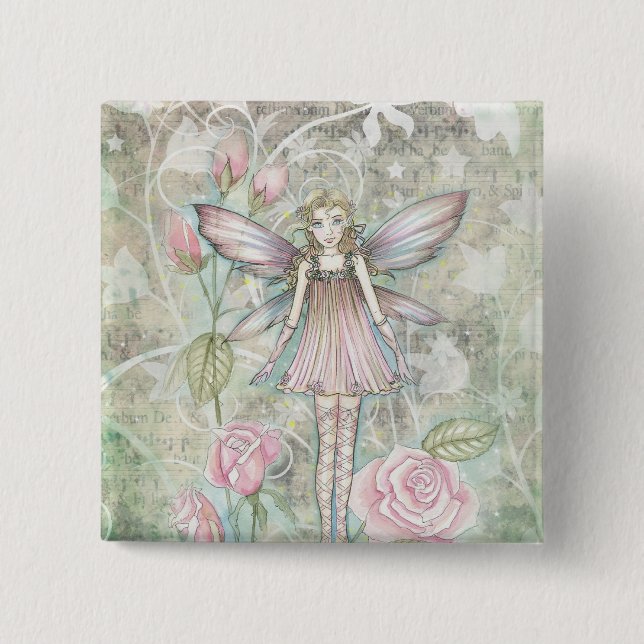 Badge Carré 5 Cm Fée de Rose Fantaisiste (Devant)
