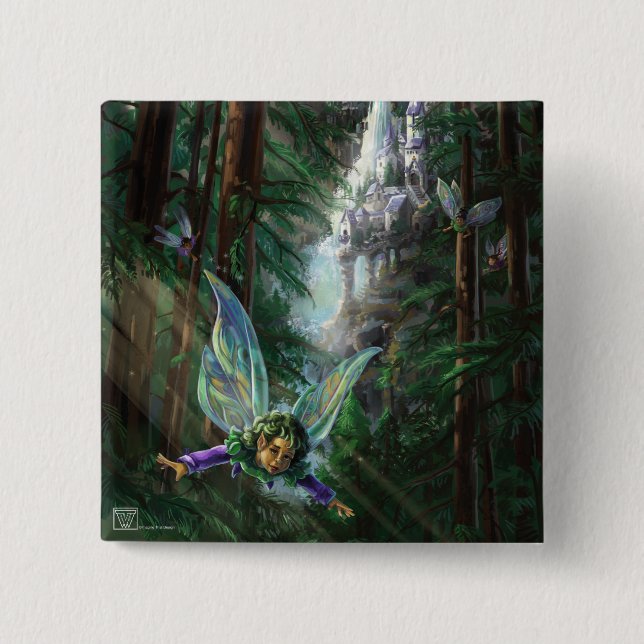 Badge Carré 5 Cm Fées de la forêt et château de la cascade (Devant)