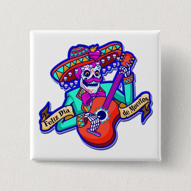 Badge Carré 5 Cm Feliz Dia De Muertos avec Squelette Jouer de la gu (Devant)