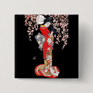 Badge Carré 5 Cm Femme asiatique avec la nuit de fleurs de cerisier
