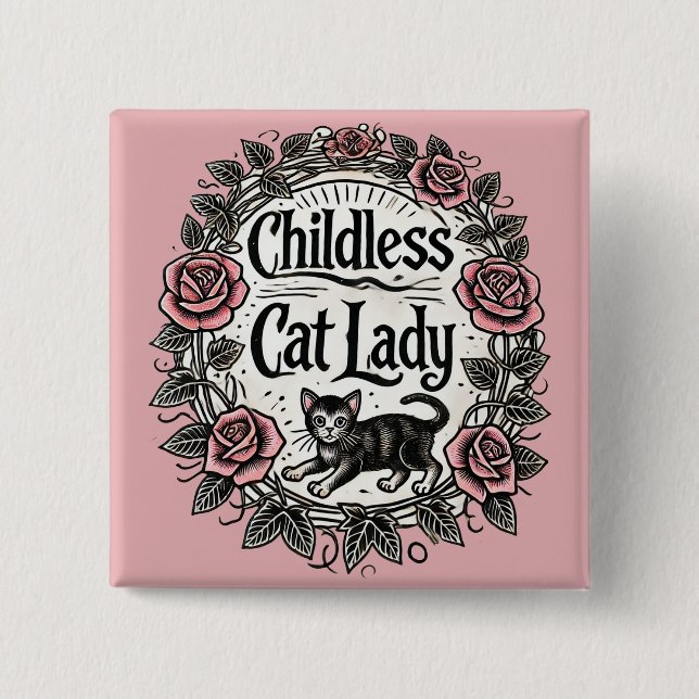 Badge Carré 5 Cm Femme au chat sans enfant (Devant)