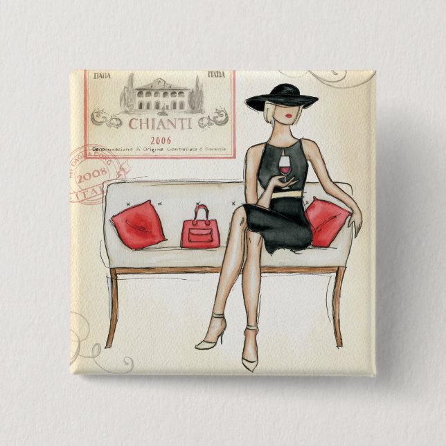 Badge Carré 5 Cm Femme buvant du vin rouge (Devant)