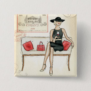 Badge Carré 5 Cm Femme buvant du vin rouge