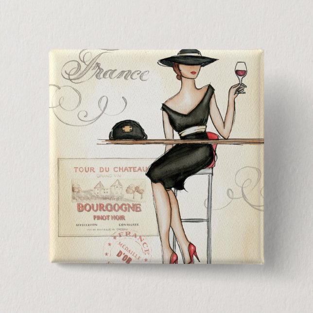 Badge Carré 5 Cm Femme française buvant du vin rouge (Devant)