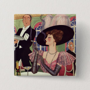 Badge Carré 5 Cm Femme Vintage fumant une cigarette en buvant du Ch
