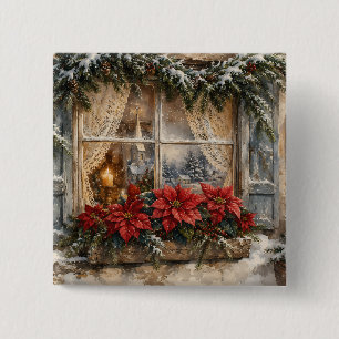 Badge Carré 5 Cm Fenêtre de Noël au poinsettia enneigé