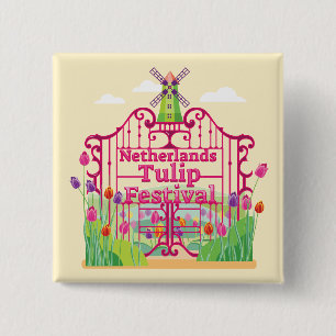 Badge Carré 5 Cm Festival de la tulipe, moulin à vent, portes