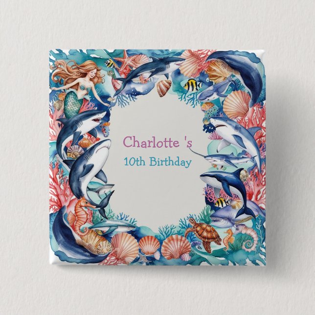 Badge Carré 5 Cm fête d'anniversaire de la baleine de requin-sirène (Devant)
