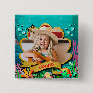 Badge Carré 5 Cm Fête d'anniversaire sous la mer et fille sirène
