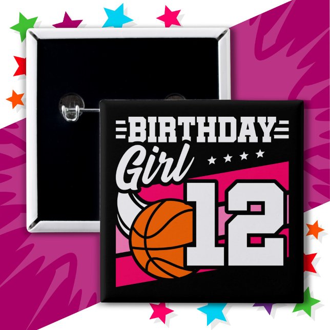 Badge Carré 5 Cm Fête de basket-ball 12 ans Fille 12e anniversaire (Créateur téléchargé)