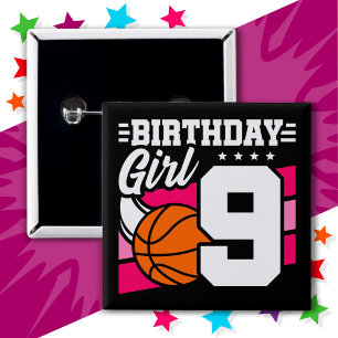 Badge Carré 5 Cm Fête de basket-ball 9 ans 9 ans Fille d'anniversai