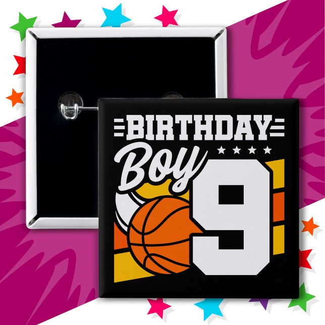 Badge Carré 5 Cm Fête de basket-ball de 9 ans thème 9e anniversaire (Créateur téléchargé)