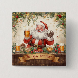 Badge Carré 5 Cm Fête de Noël britannique : le Père Noël au pub