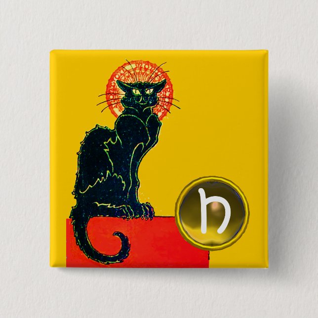 BADGE CARRÉ 5 CM FÊTE D'HALLOWEEN CHAT NOIR MONOGRAMME (Devant)
