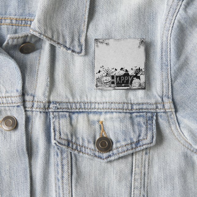 Badge Carré 5 Cm Fête d'Halloween noir et blanc (En situation)