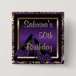 Badge Carré 5 Cm Fête du 00e anniversaire   Leopard violet talons h