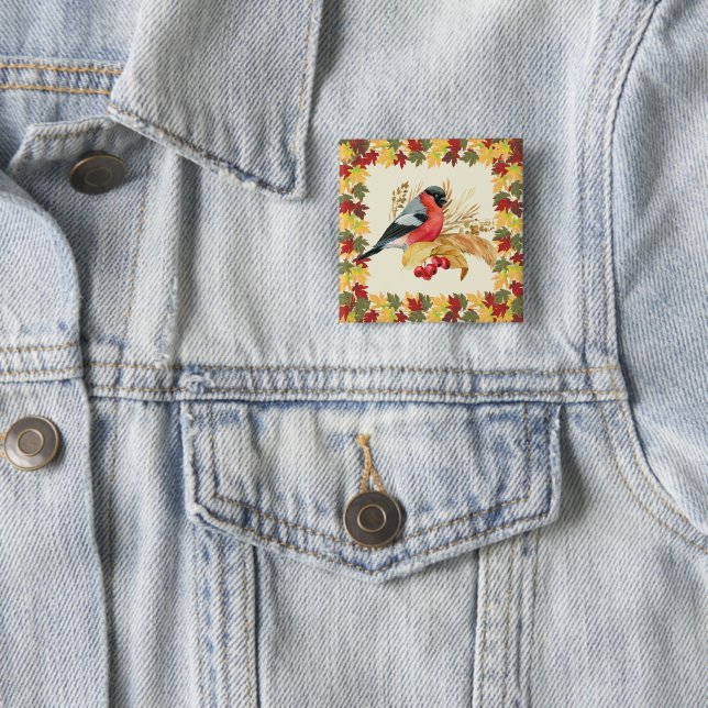 Badge Carré 5 Cm Feuilles d'automne et oiseau  (En situation)