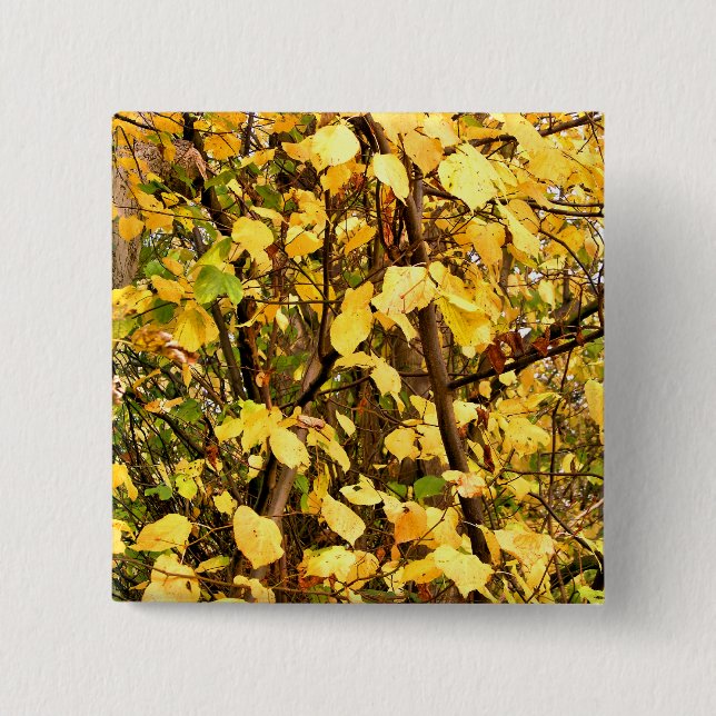 BADGE CARRÉ 5 CM FEUILLES D'AUTOMNE JAUNE (Devant)