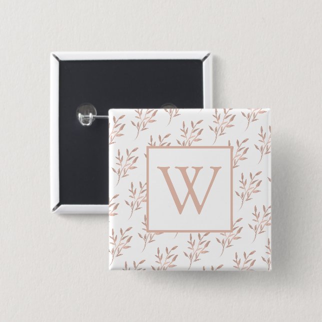Badge Carré 5 Cm Feuilles d'or Rose Monogrammes (Devant & derrière)