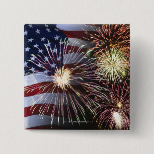 Badge Carré 5 Cm Feux d'artifice et drapeau américain