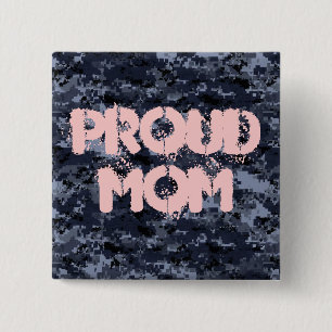 Badge Carré 5 Cm Fier Maman Militaire Bleu Bouton Camouflage