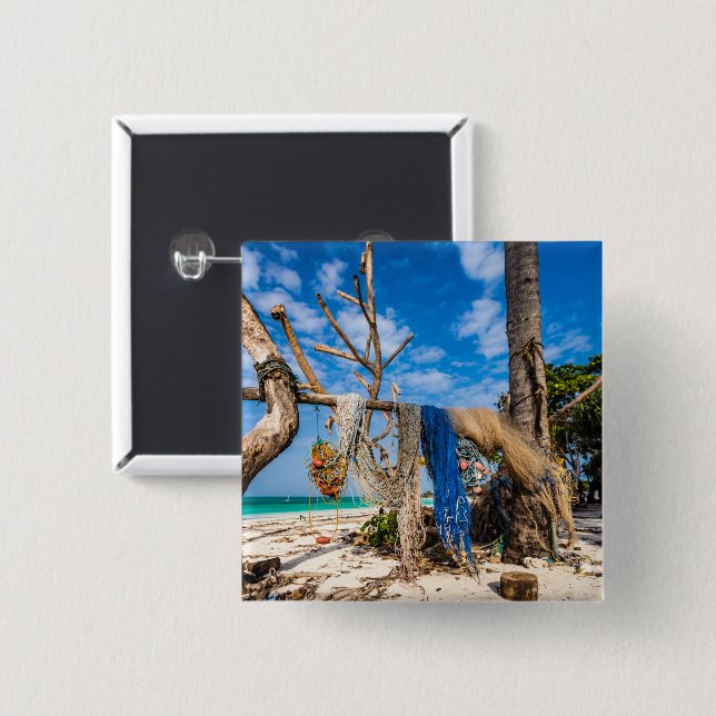 Badge Carré 5 Cm Filets de pêche séchant sur la plage (Devant & derrière)