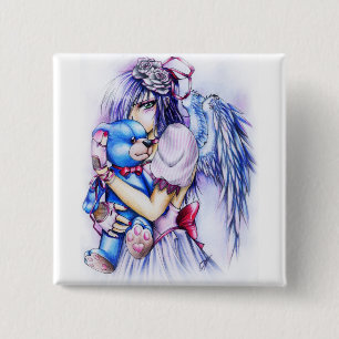 Badge Carré 5 Cm Fille angélique gothique rose anime avec Teddy