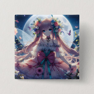 Badge Carré 5 Cm Fille Anime Fleur Lune Fée