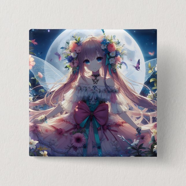 Badge Carré 5 Cm Fille Anime Fleur Lune Fée (Devant)
