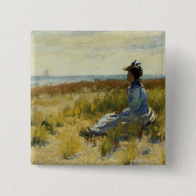 Badge Carré 5 Cm Fille assise au bord de la mer (Devant)