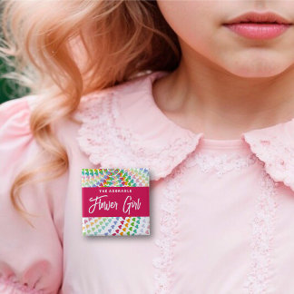 Badge Carré 5 Cm FILLE AUX FLEURS Cœurs arc-en-ciel Paillettes Mari