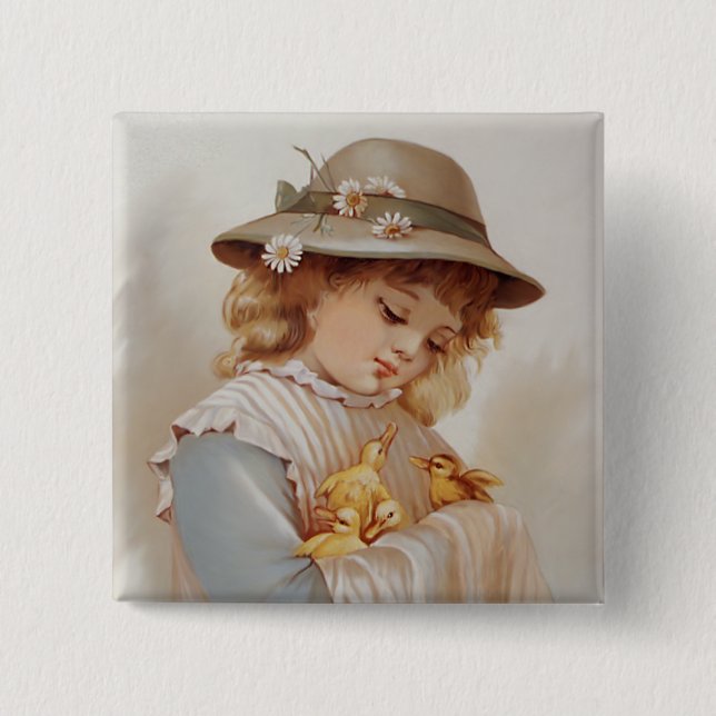 Badge Carré 5 Cm Fille avec des petits canards (Devant)