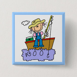 Badge Carré 5 Cm Fille bonhomme allumette pêchant