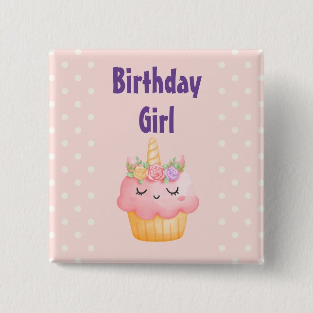 Badge Carré 5 Cm Fille d'anniversaire - Cupcake rose Unicorne avec  (Devant)