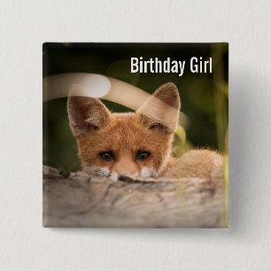 Badge Carré 5 Cm Fille d'anniversaire Photo d'un mignon renard oran