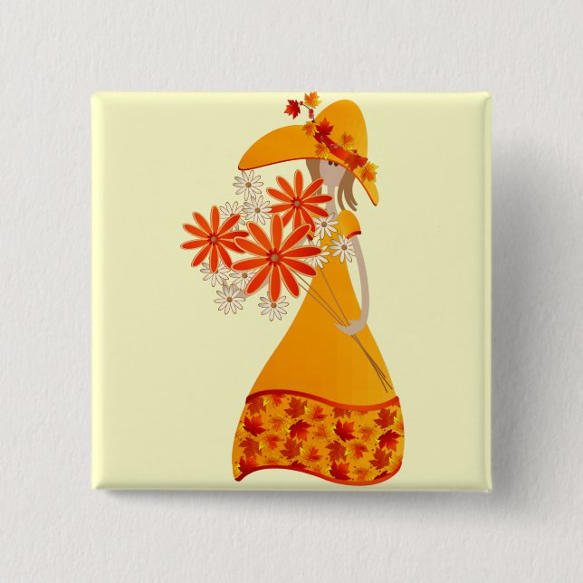 Badge Carré 5 Cm Fille d'automne avec fleurs d'automne (Devant)