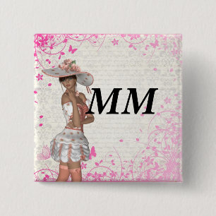 Badge Carré 5 Cm fille d'été rose